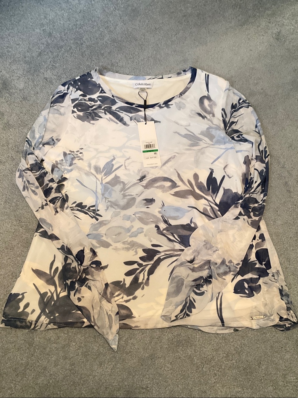 Calvin Klein White Long-Sleeve Tee with Blue Floral Print